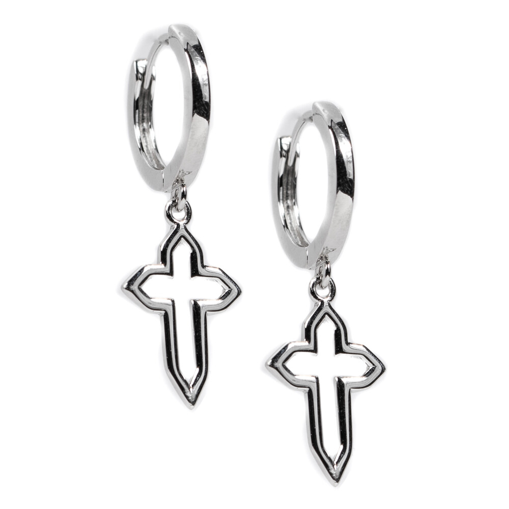 Men&#39;s Solid White Gold 925 Sterling Silver Dangle Cross Hoop Earrings