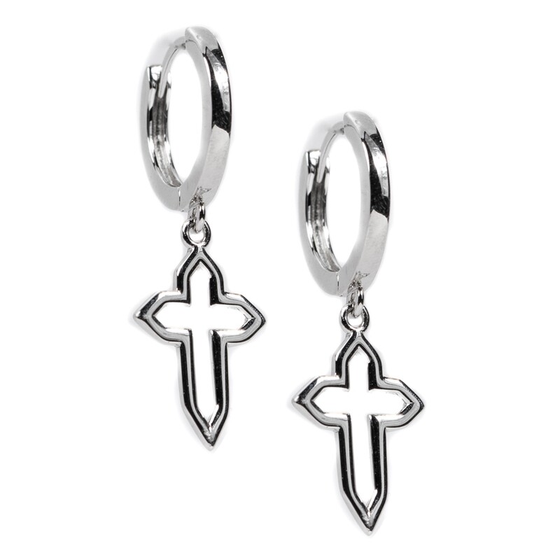 Men&#39;s Solid White Gold 925 Sterling Silver Dangle Cross Hoop Earrings