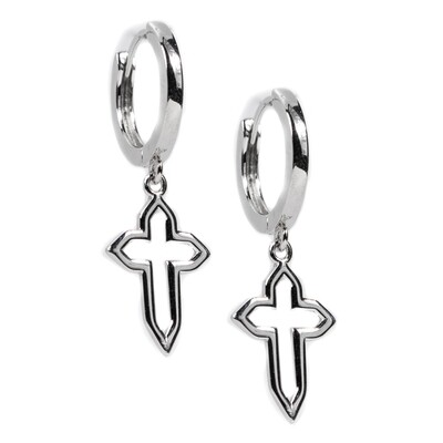 Men&#39;s Solid White Gold 925 Sterling Silver Dangle Cross Hoop Earrings