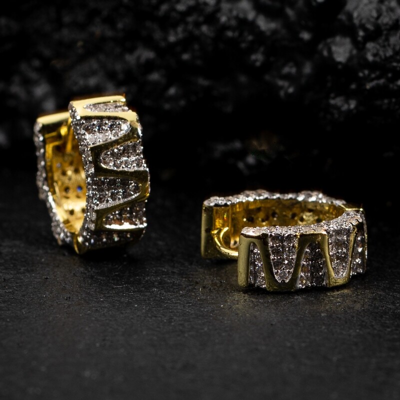 Men&#39;s Two Tone Yellow Gold Plated Sterling Silver Iced Hoop Earrings