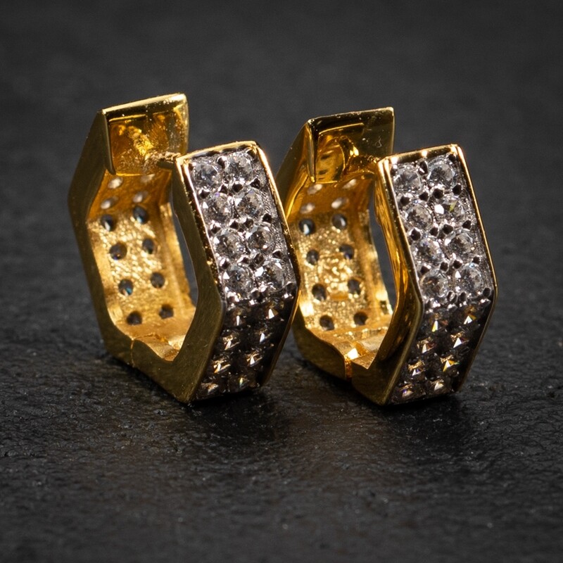 Men&#39;s Two Tone Gold Sterling Silver Iced Octagon Hoop Earrings