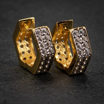 Men&#39;s Two Tone Gold Sterling Silver Iced Octagon Hoop Earrings