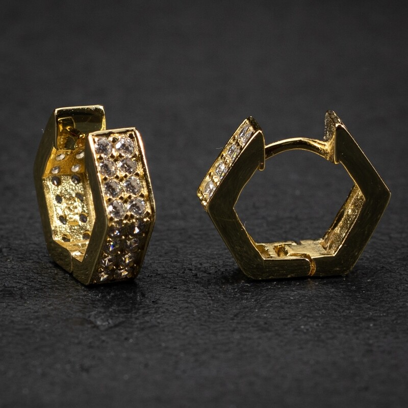 Men&#39;s Yellow Gold Sterling Silver Iced Octagon Hoop Earrings