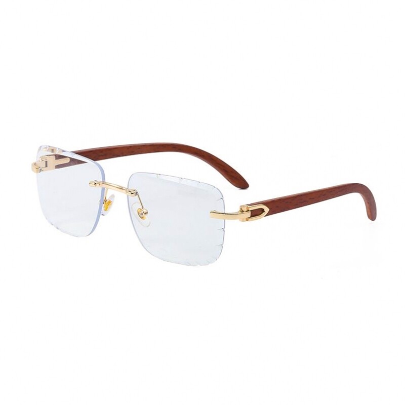 Rimless Diamond Cut Woodgrain Gold Frame Men&#39;s Clear Lens Glasses