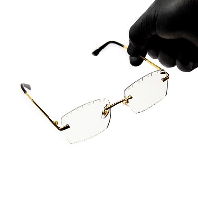 Gold Frame Rimless Gem Cut Clear Lens Men&#39;s Glasses