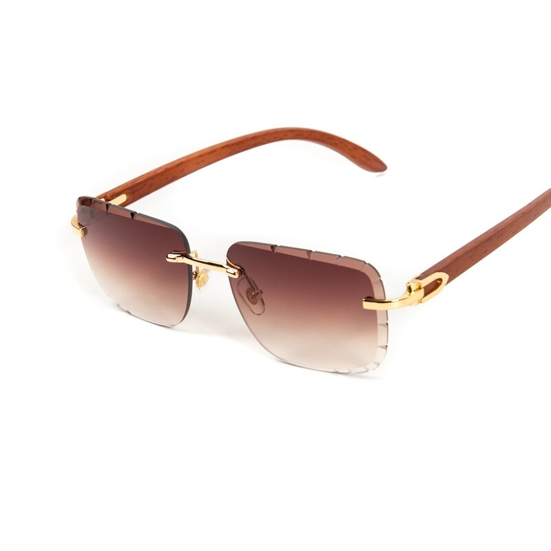 Men&#39;s Woodgrain Rimless Gold Frame Burgundy Gradient Tint Gem Cut Sunglasses