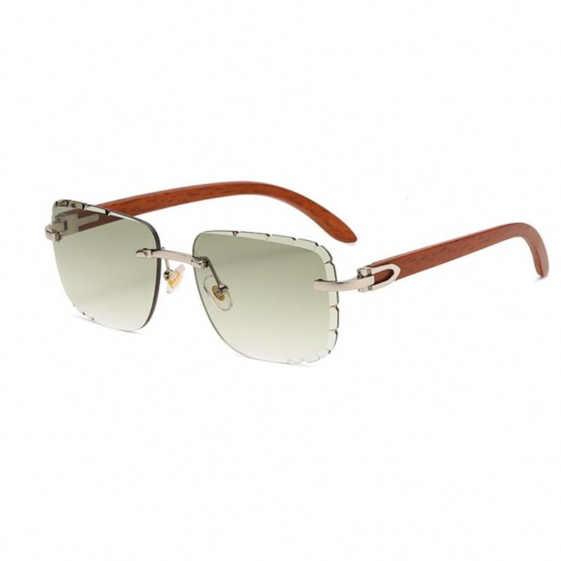 Men&#39;s Woodgrain Rimless Silver Frame Mint Green Gradient Tint Gem Cut Sunglasses