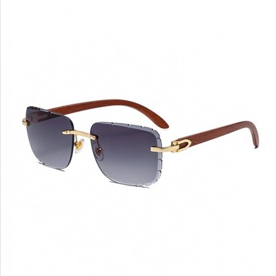 Men&#39;s Woodgrain Rimless Gold Frame Purple Gradient Tint Gem Cut Sunglasses