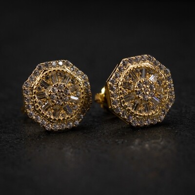 Yellow Gold Plated 925 Sterling Iced Cz Octagon Shaped Stud Earrings