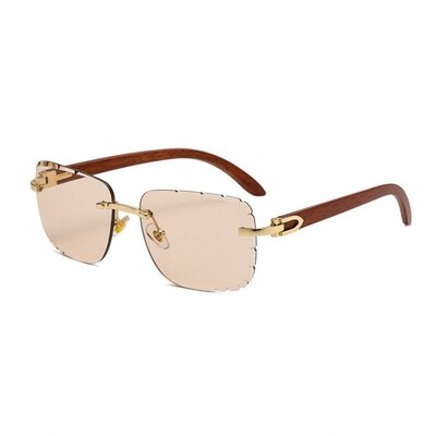 Gold Frame Tan Tint Gem Cut Men&#39;s Rimless​ Woodgrain Sunglasses