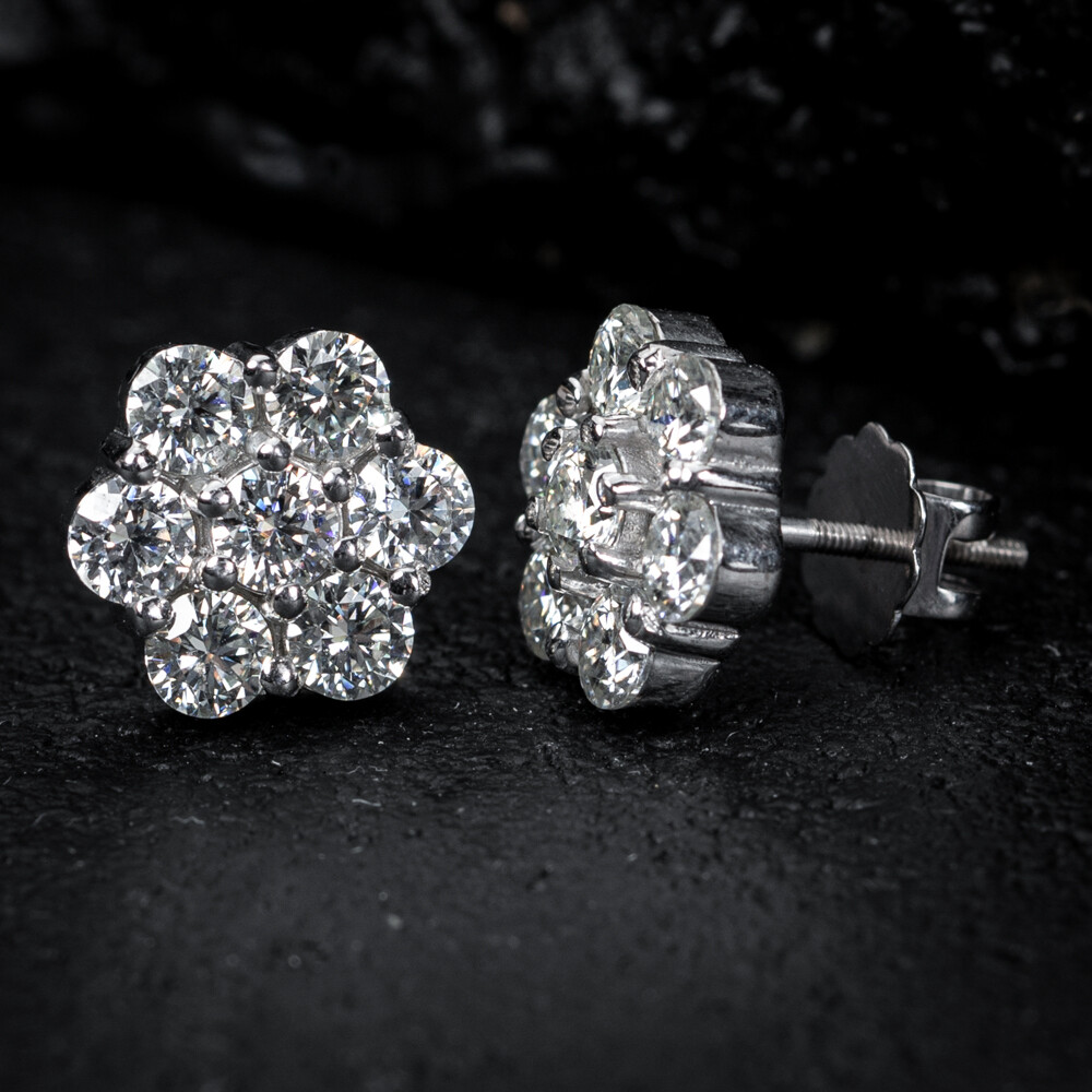 White Gold 925 Sterling Silver Large Flower Cluster Cz Stud Screw Back Earrings