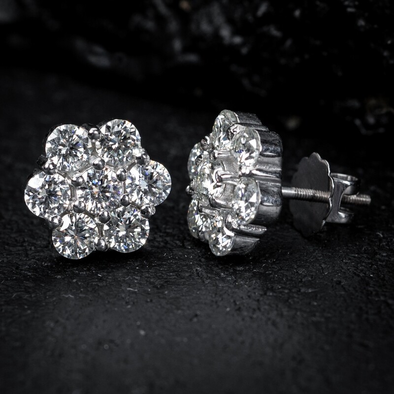 White Gold 925 Sterling Silver Large Flower Cluster Cz Stud Screw Back Earrings