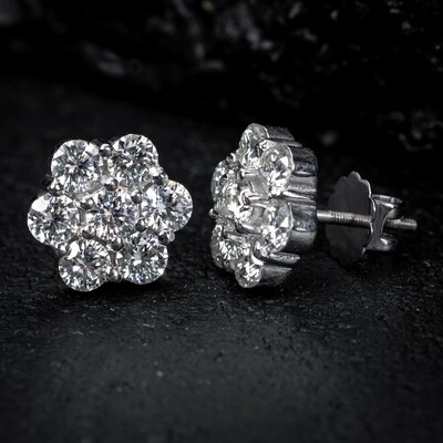 White Gold 925 Sterling Silver Large Flower Cluster Cz Stud Screw Back Earrings
