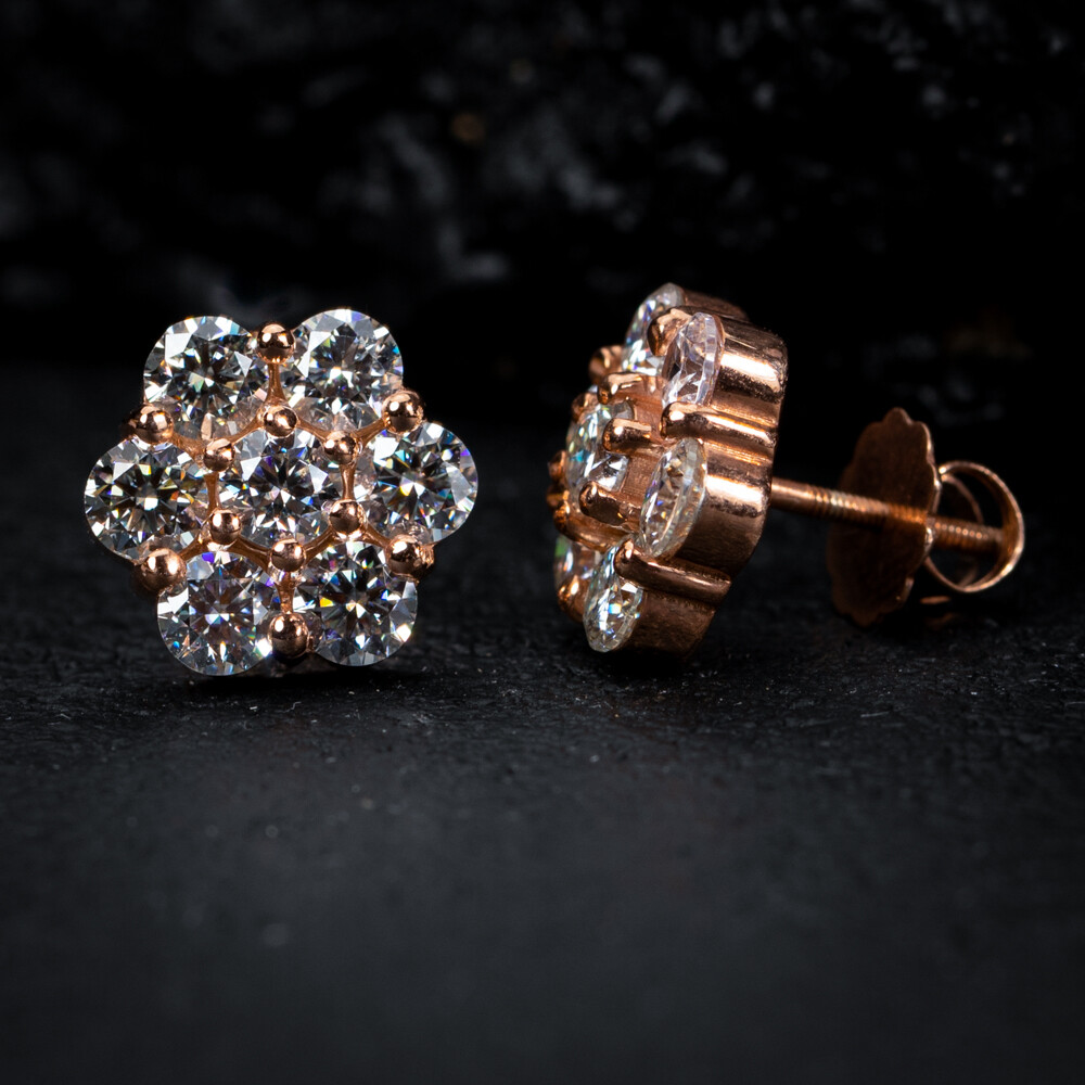 Rose Gold 925 Sterling Silver Large Flower Cluster Cz Stud Screw Back Earrings