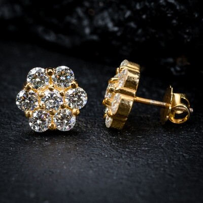 Yellow Gold 925 Sterling Silver Large Flower Cluster Cz Stud Screw Back Earrings