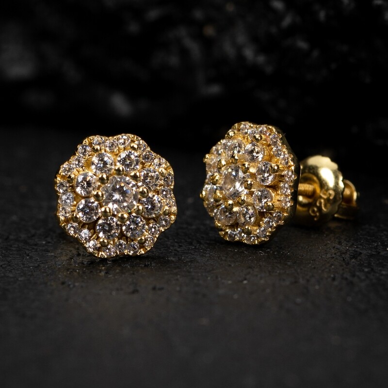 Men&#39;s Yellow Gold Plated Sterling Silver Iced Cz Flower Cluster Screw Back Earrings