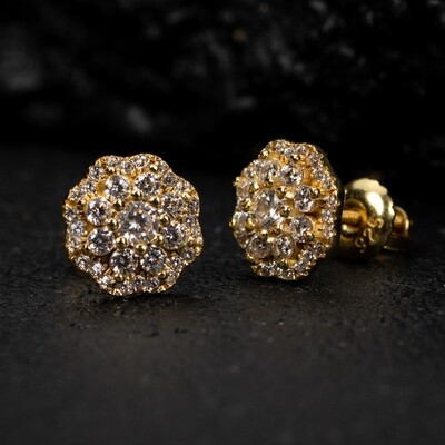 Men&#39;s Yellow Gold Plated Sterling Silver Iced Cz Flower Cluster Screw Back Earrings