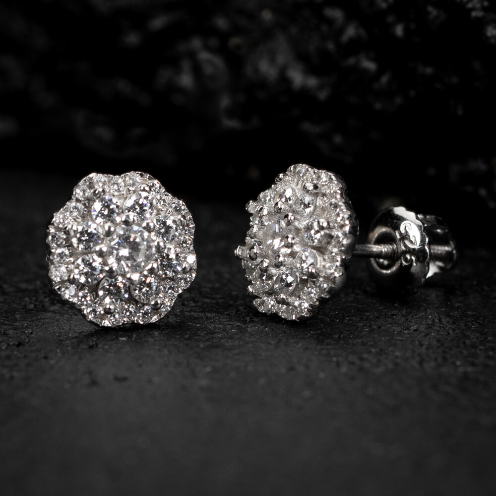 Men&#39;s White Gold Plated Sterling Silver Iced Cz Flower Cluster Screw Back Earrings