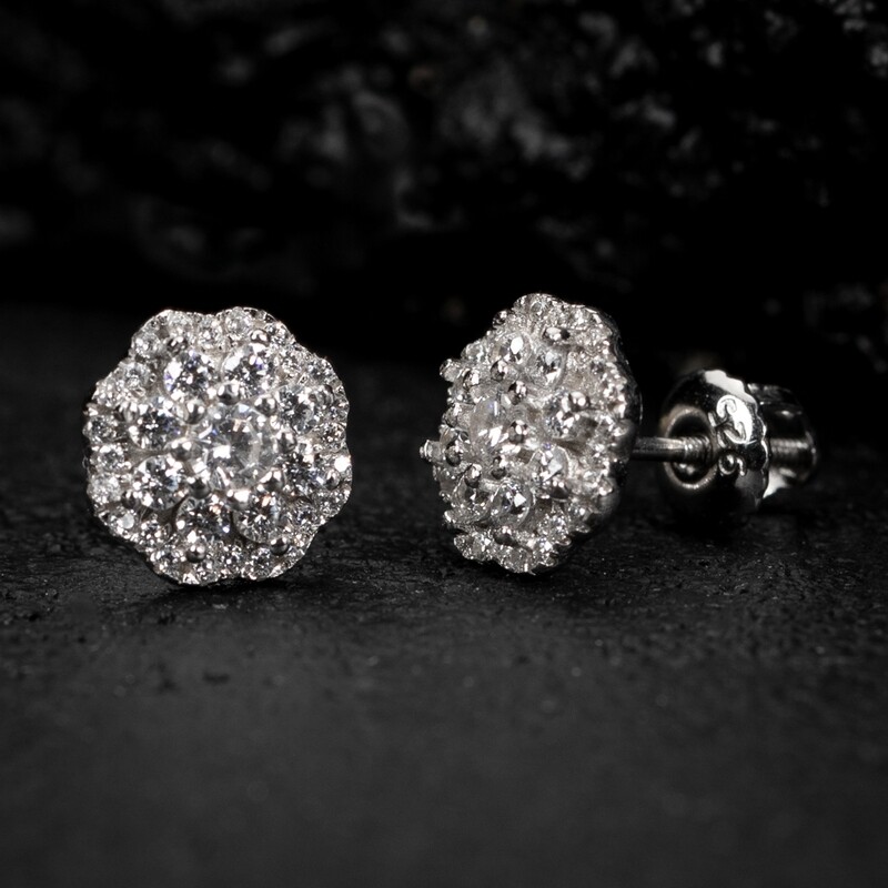 Men&#39;s White Gold Plated Sterling Silver Iced Cz Flower Cluster Screw Back Earrings
