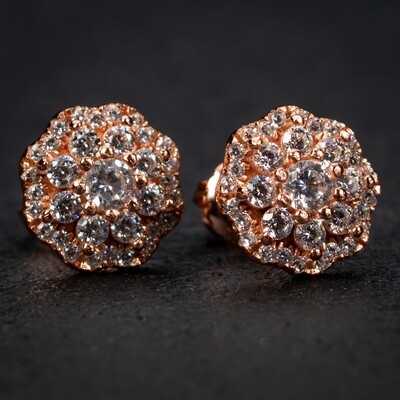 Men&#39;s Rose Gold Plated Sterling Silver Iced Cz Flower Cluster Screw Back Earrings
