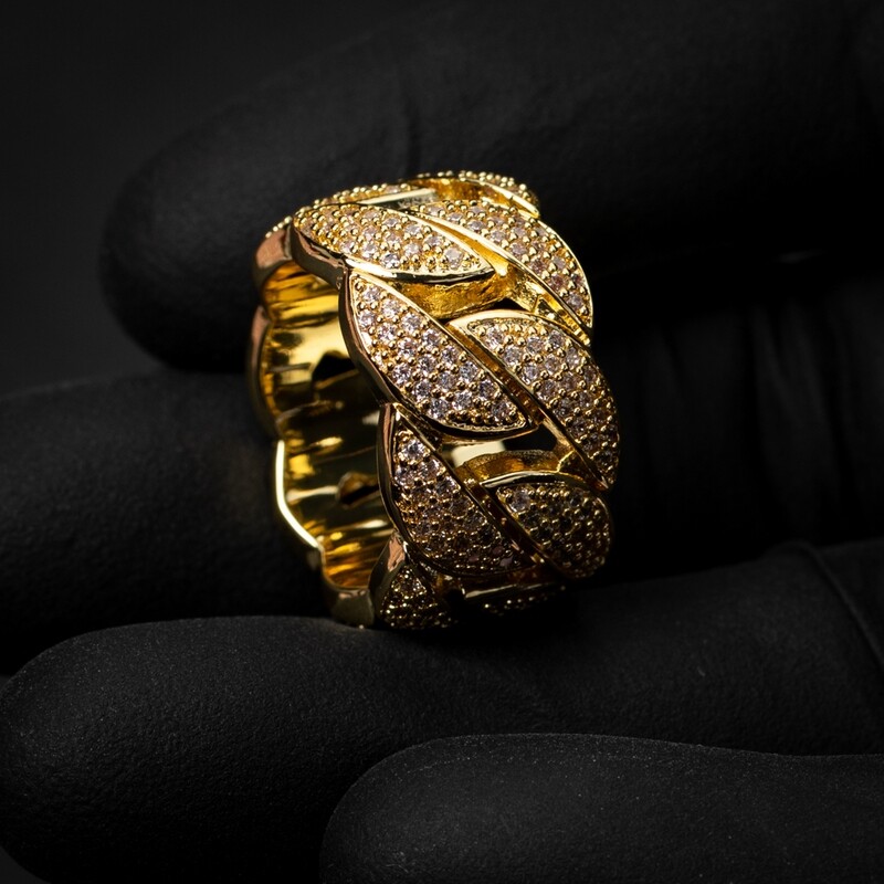 Yellow Gold Plated Iced Miami Cuban Link Men&#39;s Pinky Ring