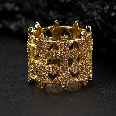 Iced Cz Yellow Gold Plated Men&#39;s Cross Pinky Statement Ring