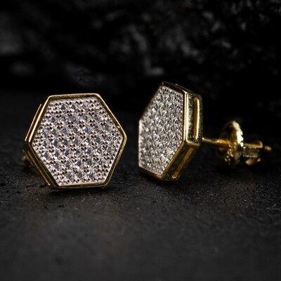 Two Tone Yellow Gold Sterling Silver Octagon Shaped Iced Cz Hip Hop Stud Earrings
