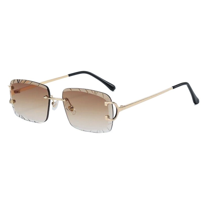 Gem Cut​ Brown Tint Gold Frame Hip Hop Rimless Sunglasses
