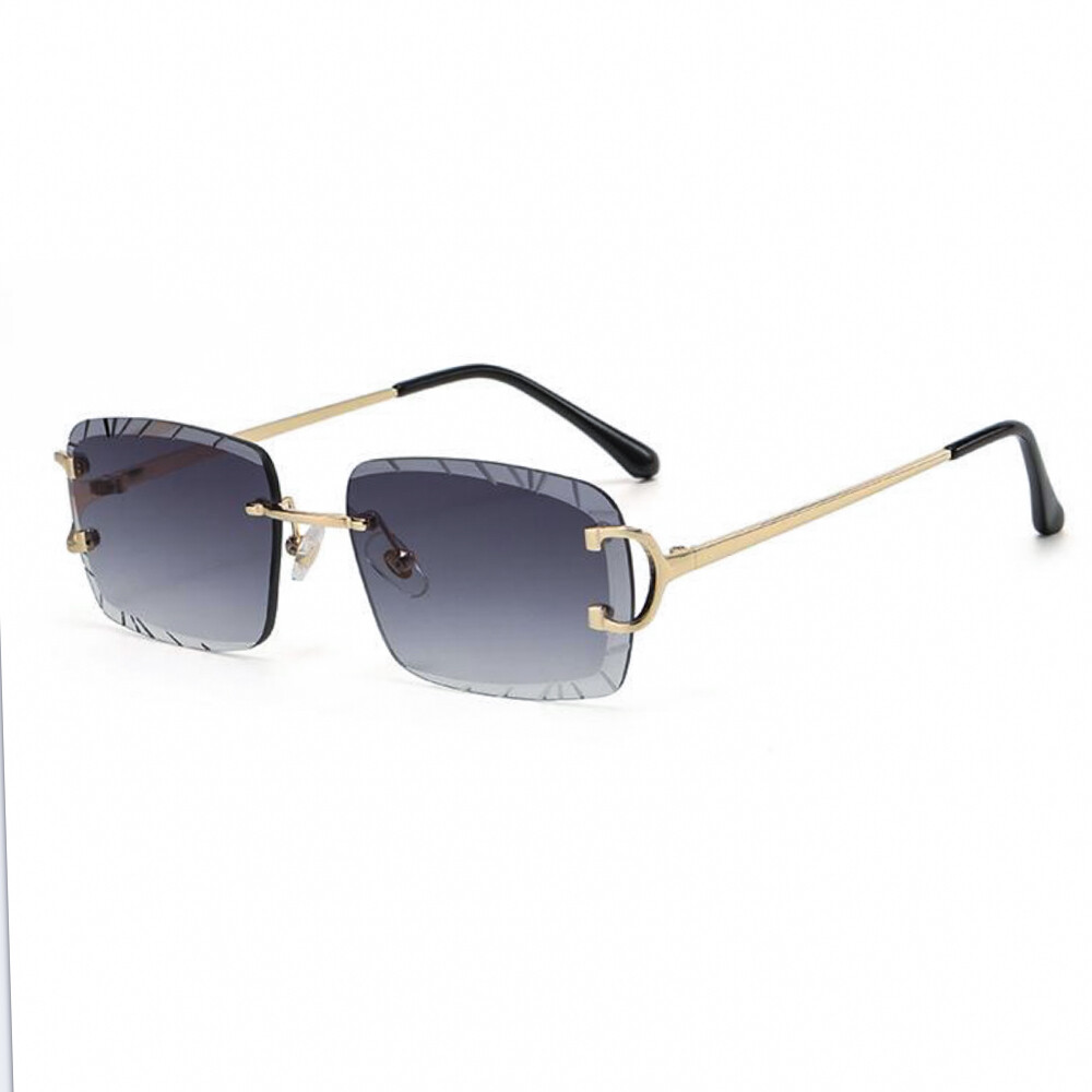 Gem Cut Purple Tint Gold Frame Hip Hop Rimless Sunglasses
