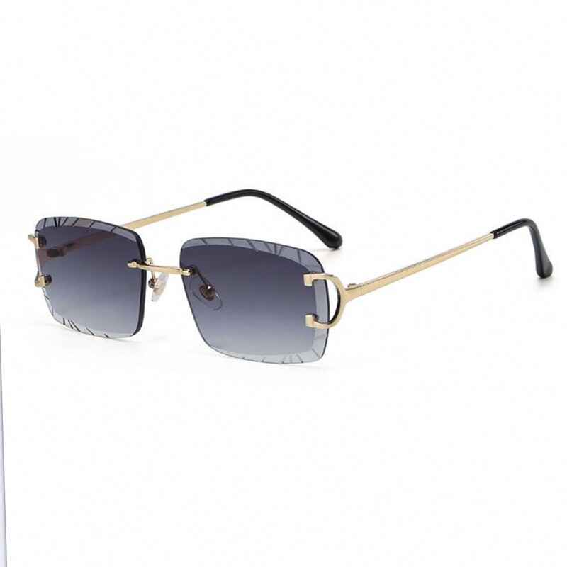 Gem Cut Purple Tint Gold Frame Hip Hop Rimless Sunglasses