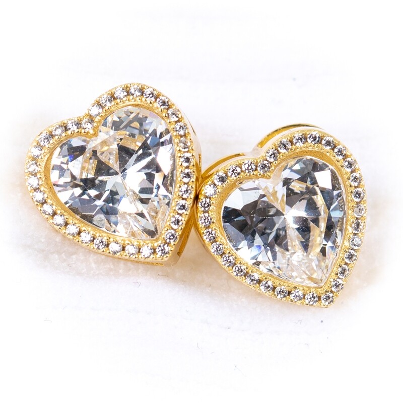 Yellow Gold Plated 925 Sterling Silver Women&#39;s Heart Cz Shaped Stud Screw Back Earrings