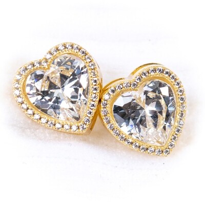 Yellow Gold Plated 925 Sterling Silver Women&#39;s Heart Cz Shaped Stud Screw Back Earrings