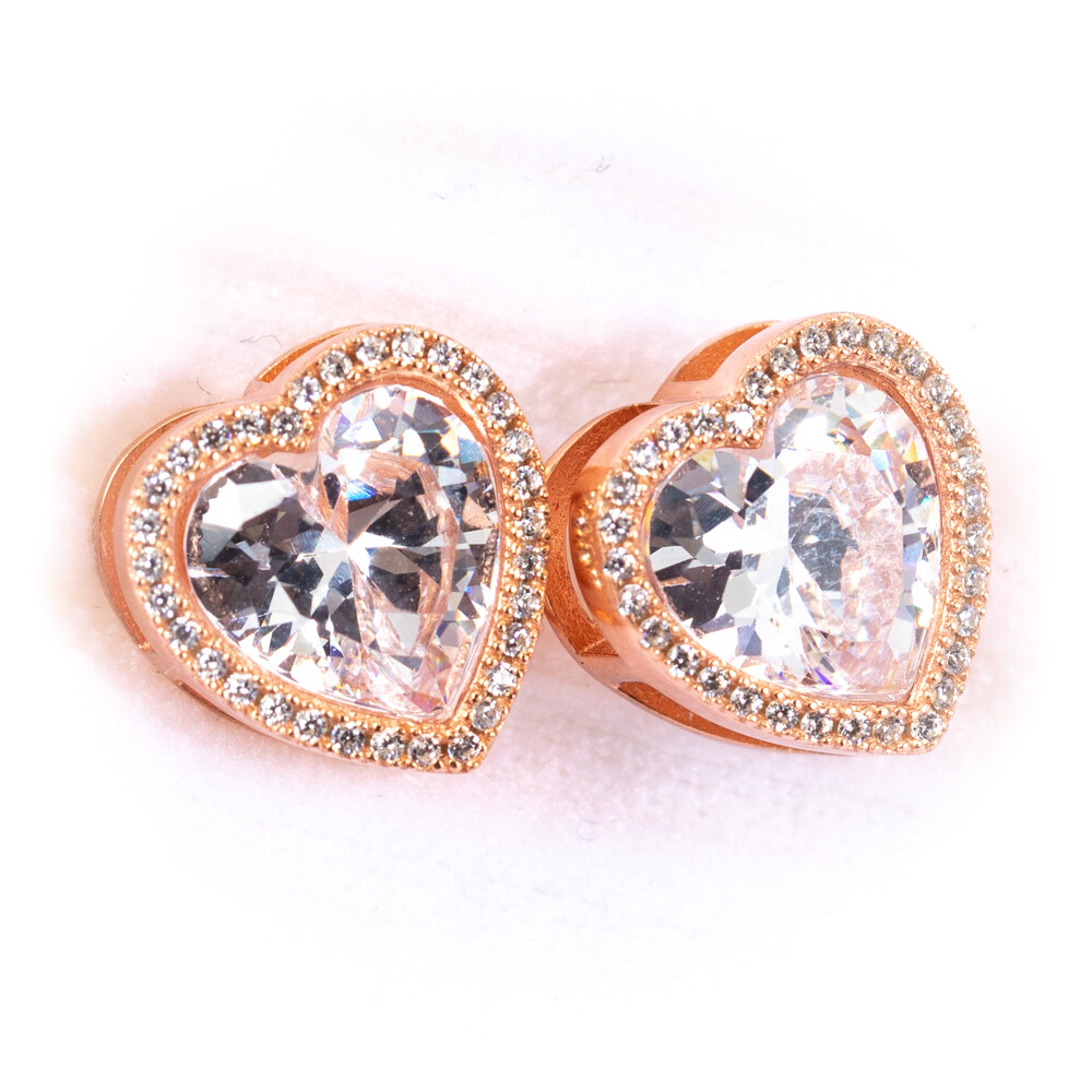Rose Gold Plated 925 Sterling Silver Women&#39;s Heart Cz Shaped Stud Screw Back Earrings