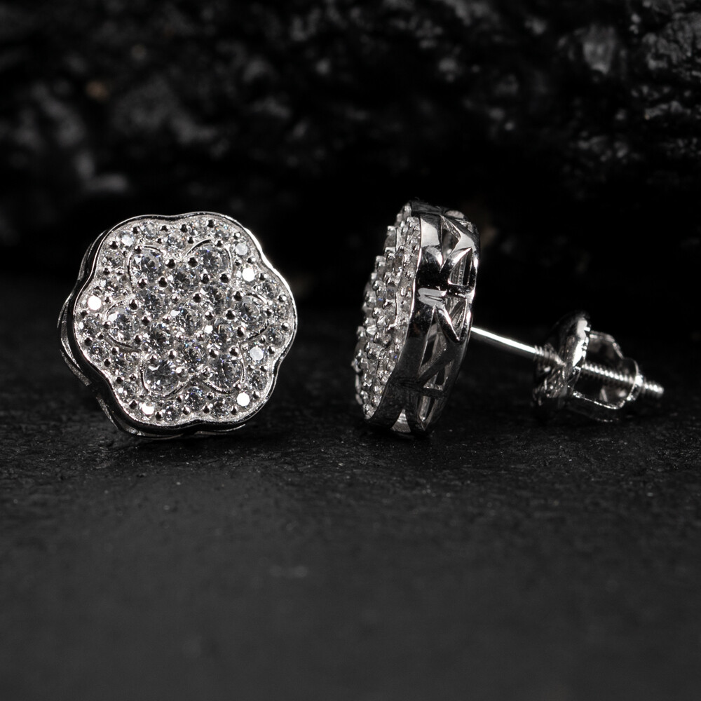 Men&#39;s White Gold 925 Sterling Silver Flower Set Cluster Stud Earrings