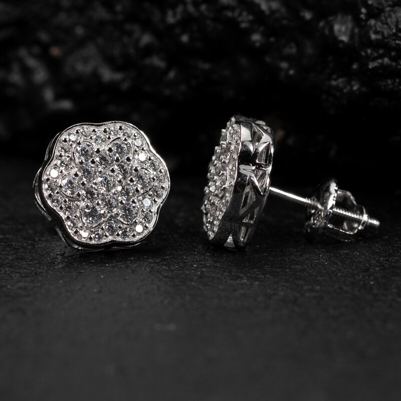 Men&#39;s White Gold 925 Sterling Silver Flower Set Cluster Stud Earrings