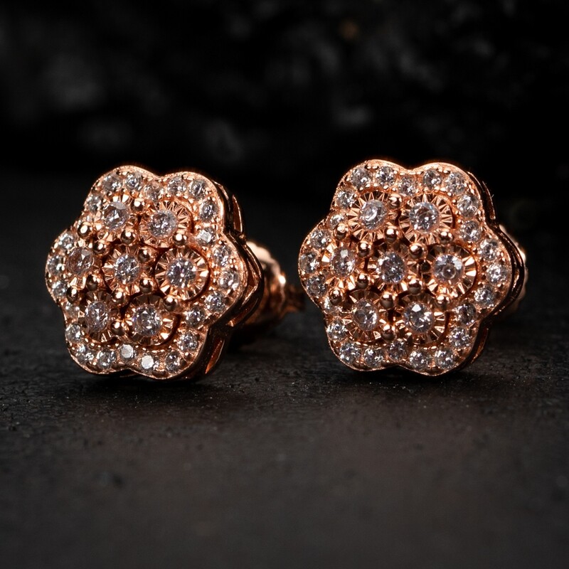 Rose Gold 925 Sterling Silver Large Flower Cluster Men&#39;s Stud Earrings