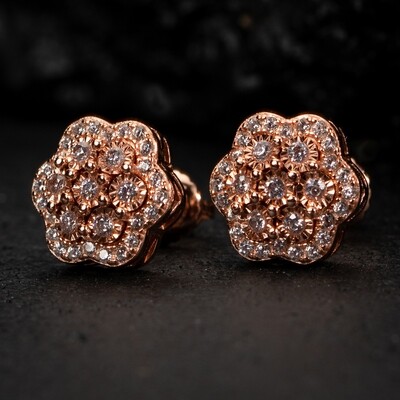 Rose Gold 925 Sterling Silver Large Flower Cluster Men&#39;s Stud Earrings