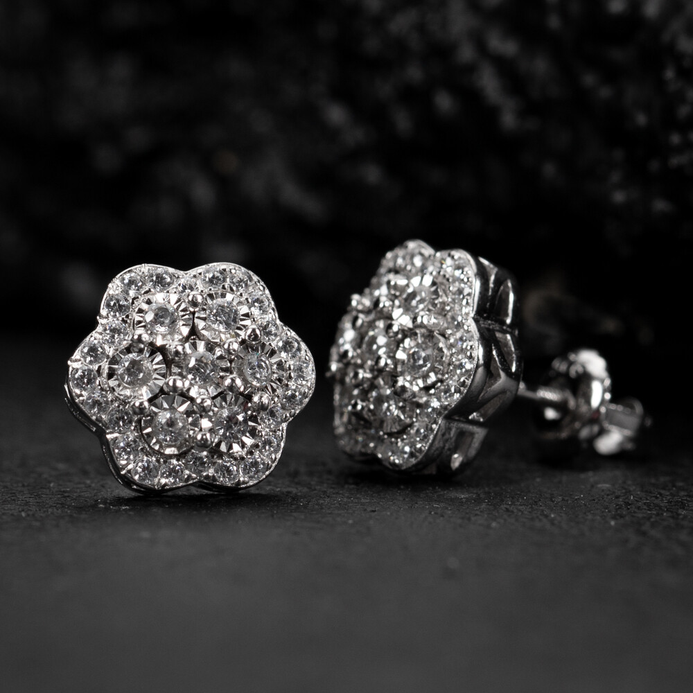 White Gold 925 Sterling Silver Large Flower Cluster Men&#39;s Stud Earrings