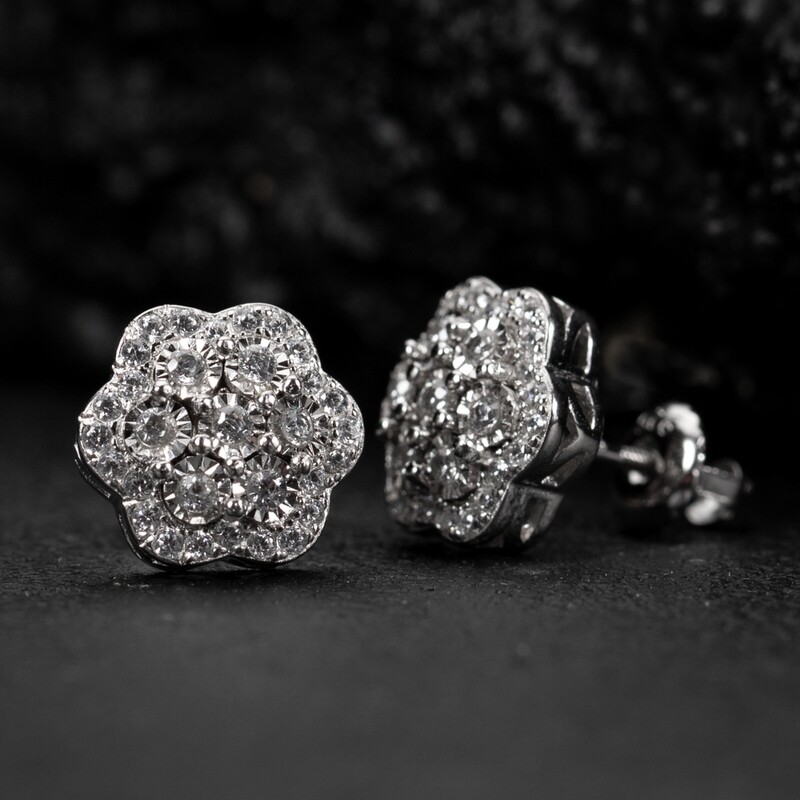 White Gold 925 Sterling Silver Large Flower Cluster Men&#39;s Stud Earrings