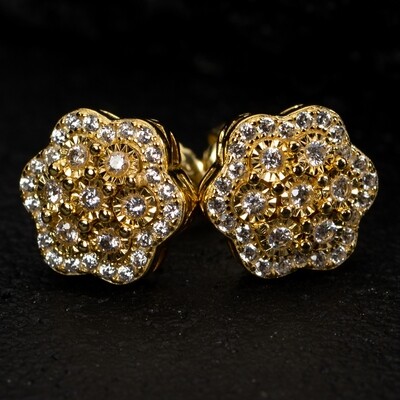 Yellow Gold 925 Sterling Silver Large Flower Cluster Men&#39;s Stud Earrings