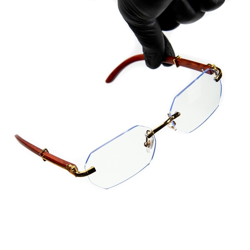 Gold Frame Rimless Geometric Clear Lens Hip Hop Woodgrain Glasses