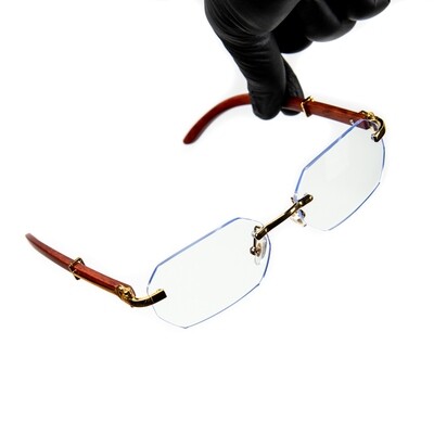 Gold Frame Rimless Geometric Clear Lens Hip Hop Woodgrain Glasses