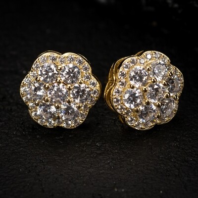 Large Yellow Gold 925 Sterling Silver Flower Cluster Hip Hop Screw Back Stud Earrings