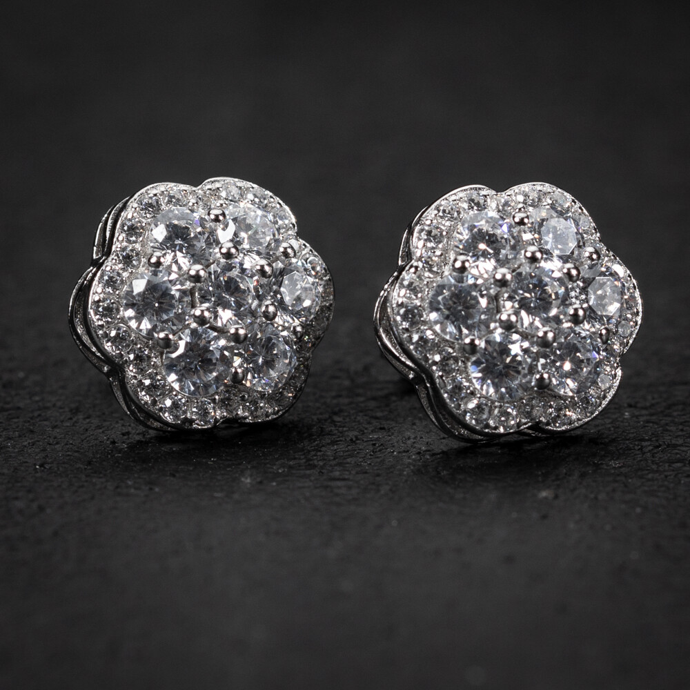 Large White Gold 925 Sterling Silver Flower Cluster Hip Hop Screw Back Stud Earrings