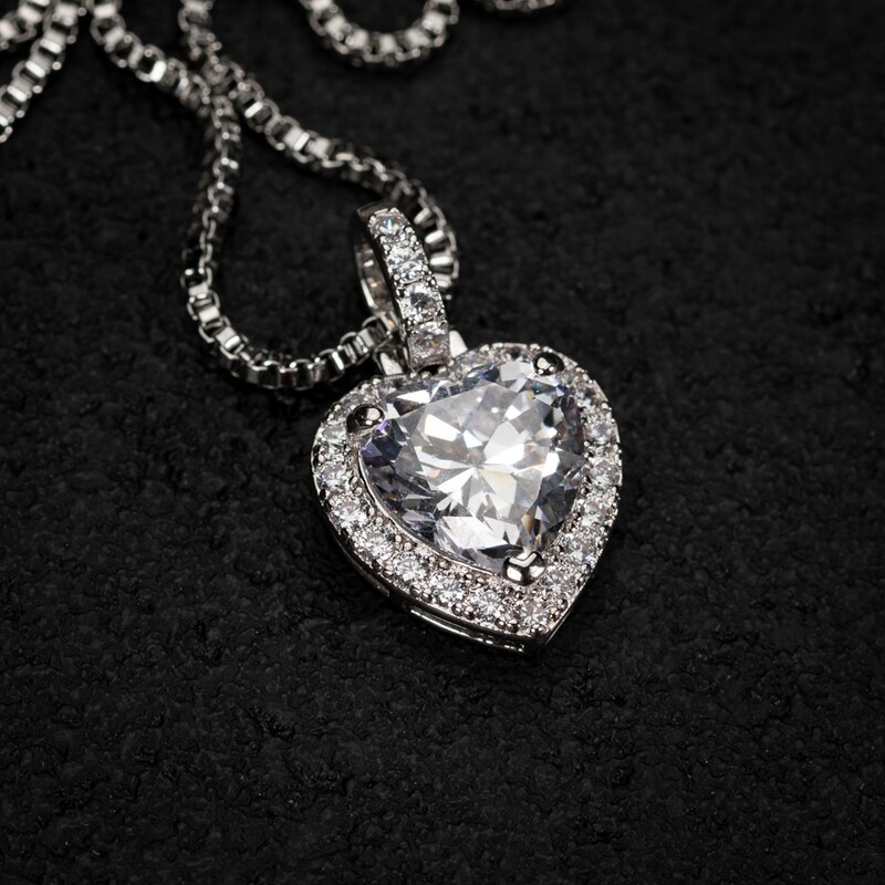 White Gold Plated Women&#39;s Iced Cz Mini Heart Pendant Chain Necklace