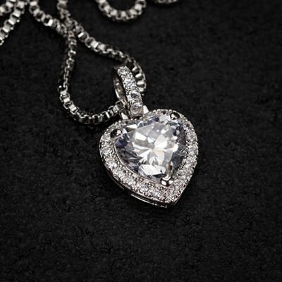 White Gold Plated Women&#39;s Iced Cz Mini Heart Pendant Chain Necklace