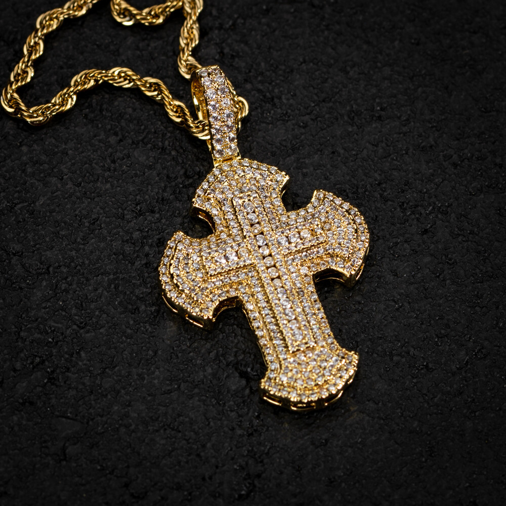 Mens Hip Hop Iced Cz Gold Cross Pendant Chain Necklace