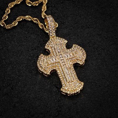 Mens Hip Hop Iced Cz Gold Cross Pendant Chain Necklace