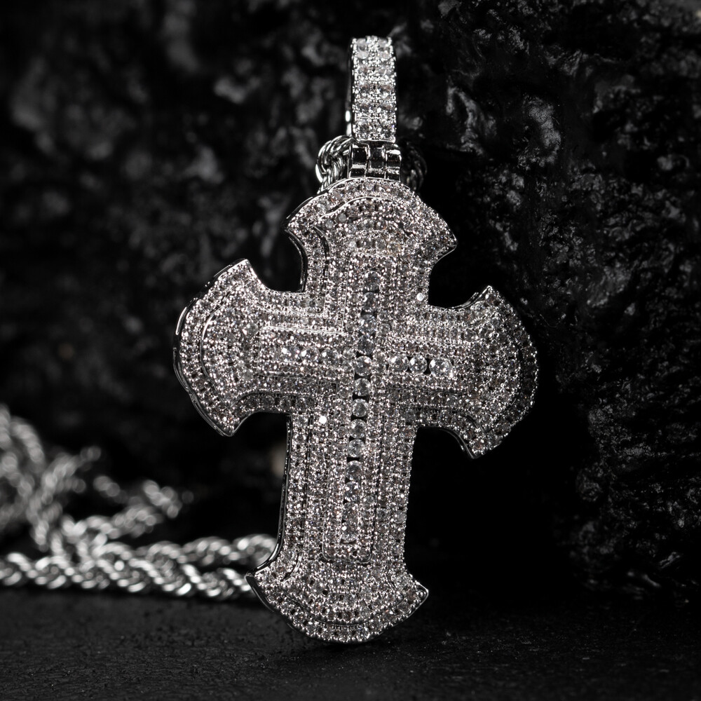 Mens Hip Hop Iced Cz White Gold Cross Pendant Necklace