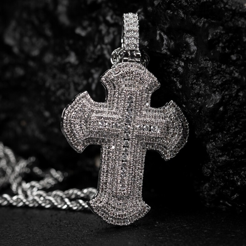 Mens Hip Hop Iced Cz White Gold Cross Pendant Necklace